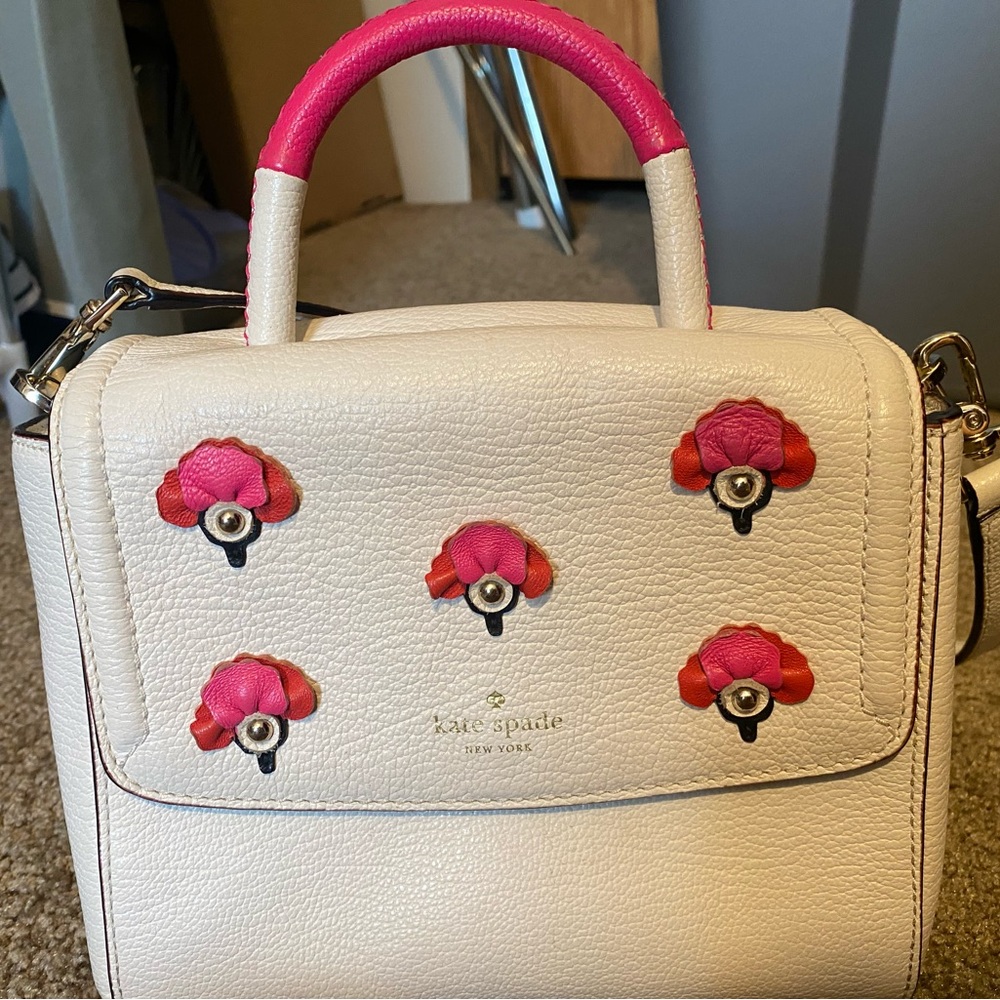 kate spade Cream Leather Top-Handle Satchel with Pink & Red Floral Appliqués
